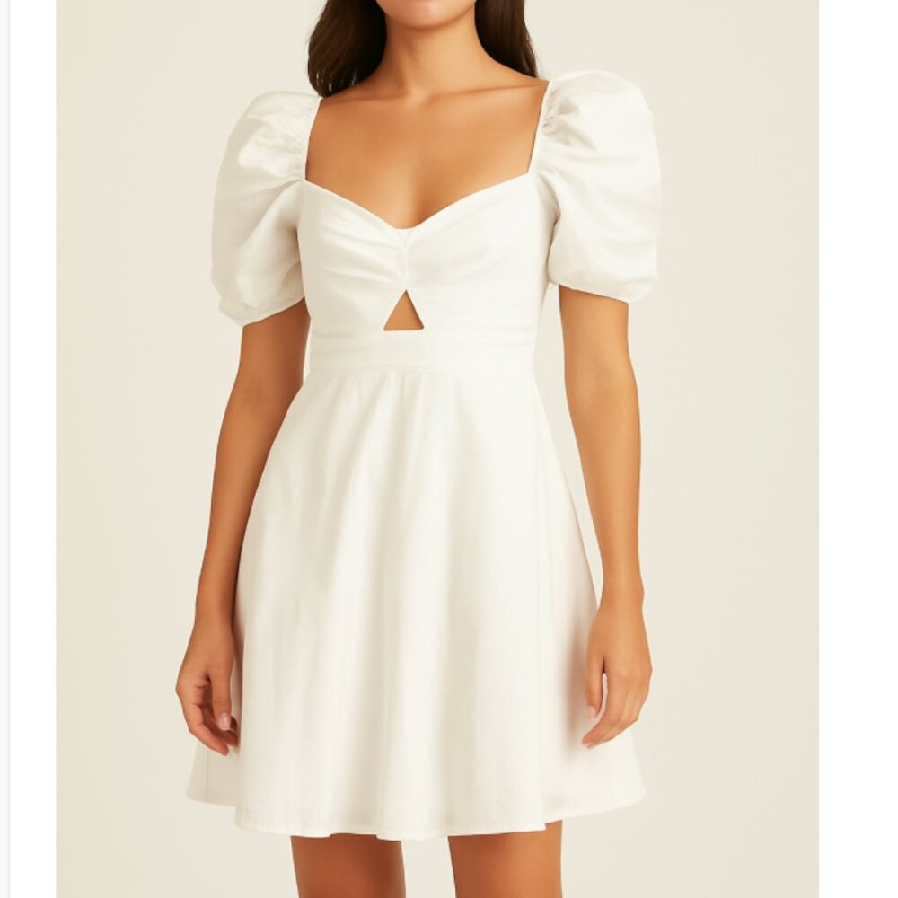 NWT Francesca’s Women’s White Puff Sleeve Fit & Flare Dress, size Large